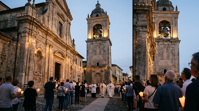 Religious candlelight procession in front of an old stone church