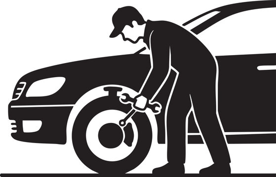 Mechanic changing tire, car repair service, automotive maintenance, flat tire change