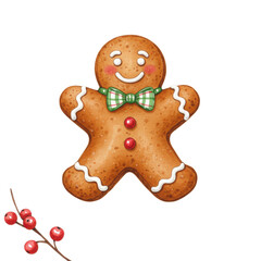 Naklejka premium Award-winning watercolor illustration of a cheerful gingerbread man cookie with icing and a red/green bow tie, framed by delicate holly on a white background, christmas holiday sweets concept