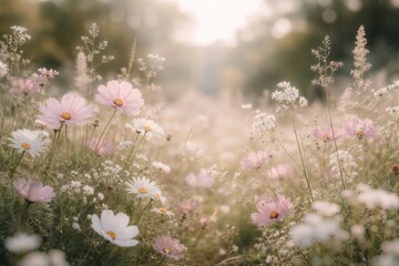 Obraz premium Serene meadow with blooming flowers.