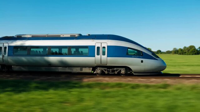 Modern High-Speed Passenger Train Traveling on Railroad Track Through Rural Landscape