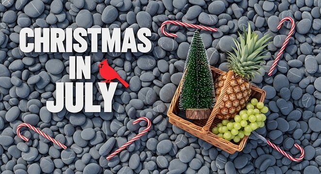 Summer holiday basket with pineapple and miniature tree on pebbles