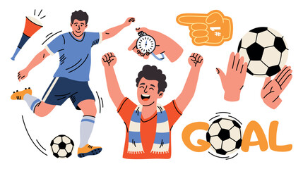 Set of flat cartoon football illustrations. Vector stickers for creating designs for matches, competitions, championships, leagues. Football player, fan, goal, hands, football equipment, whistle, ball © aleksa_graphic