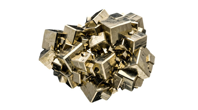 Cluster of pyrite crystals with metallic luster and cubic formations on white background ideal for geology and mineralogy content