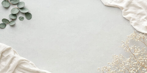 Minimalist background with eucalyptus leaves white fabric and dried flowers background eucalyptus minimalist botanical backdrop aesthetic © Manjur
