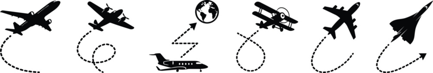 Military and Commercial Aircraft Silhouette Bundle featuring Passenger Jets Bomber Planes Biplanes and Supersonic Concorde Flying Dotted Maneuver Paths © MINARA