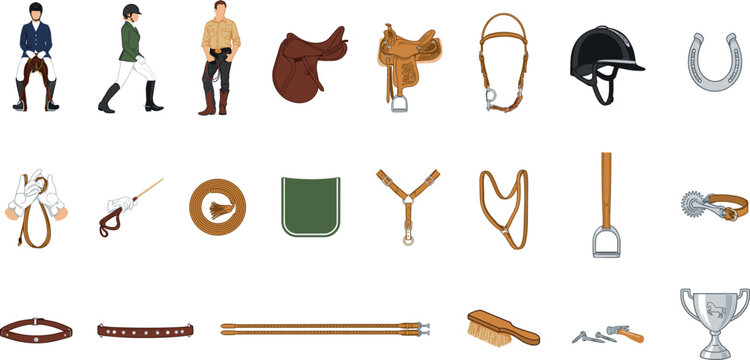 Equestrian Sport and Horse Riding Equipment Vector Icon Set with Saddles Bridle Helmet Boots Horseshoe Crop Grooming Brush and Champion Trophy