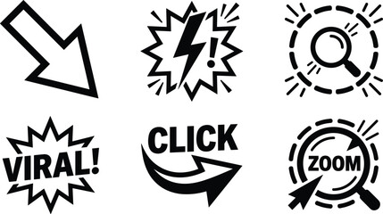 Social Media Marketing Call to Action Icon Set with Arrow Lightning Magnifying Glass Viral Click and Zoom Starburst Stickers for Digital Advertising Layouts © Ashik 