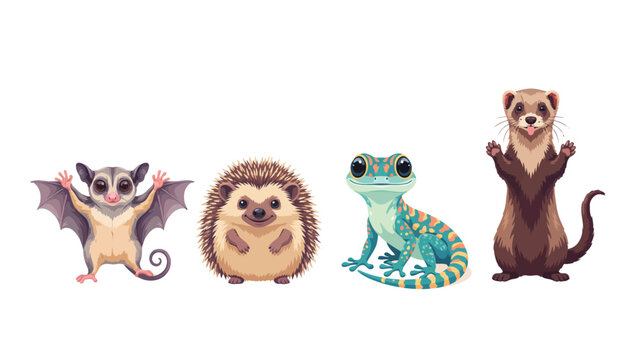 Cute cartoon sugar glider hedgehog gecko and ferret standing together in a friendly group illustration