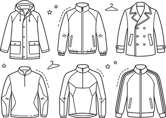 Men outerwear and winter jacket line icon set with parka pea coat track jacket and pullover © Sabbir Studio