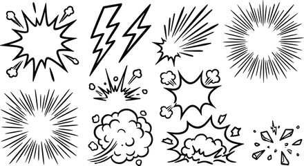 Comic Book Action Element Bundle with Sunburst Speed Lines, Explosion Clouds, Lightning Bolts, and Shattering Debris for Anime Manga Graphic Layout Designs © MINARA