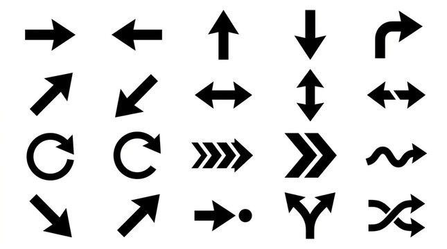 Collection of Black Directional Arrows and Mathematical Symbols on White Background.