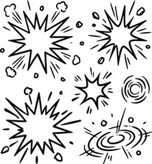 Comic Book Explosion Burst and Shockwave Effect Set with Dust Clouds and Flying Debris Symbols for Anime Manga Graphic Illustration Layouts © MINARA