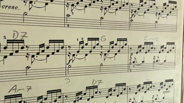 Macro shot of a music book page featuring pentagram lines and pencil notations, composer's notes