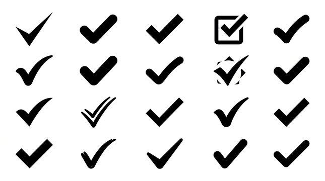 Collection of black and white check marks and one empty checkbox on white background.
