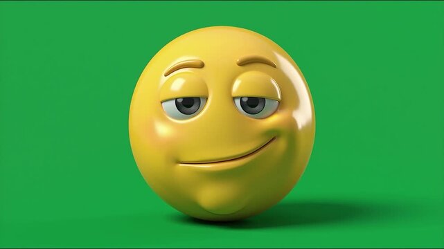 Smirking Face Emoji on Green Screen. A 3D animated yellow emoticon with a confident and sly expression, isolated on a chroma key background for easy compositing in social media and digital content.