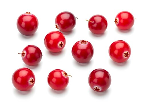 Fresh ripe red cranberries arranged on white surface.