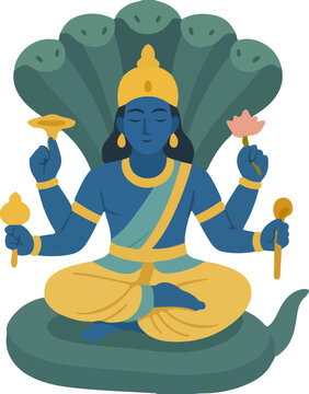 Illustration of Hindu God Vishnu Sitting on Snake