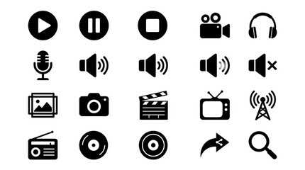 Fototapeta premium Collection of black multimedia and communication icons on white background.