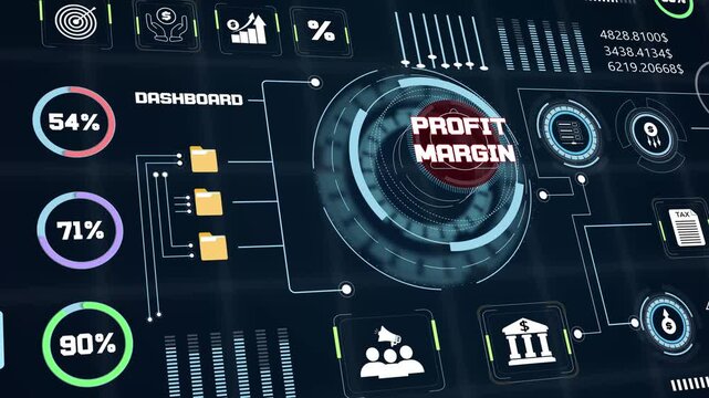 Profit margin analysis screen showing corporate financial statistics with digital graphics and commercial data animation