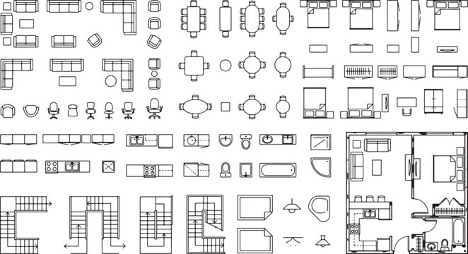 Architectural floor plan furniture symbols set including sofas tables beds stairs and kitchen appliances in vector format