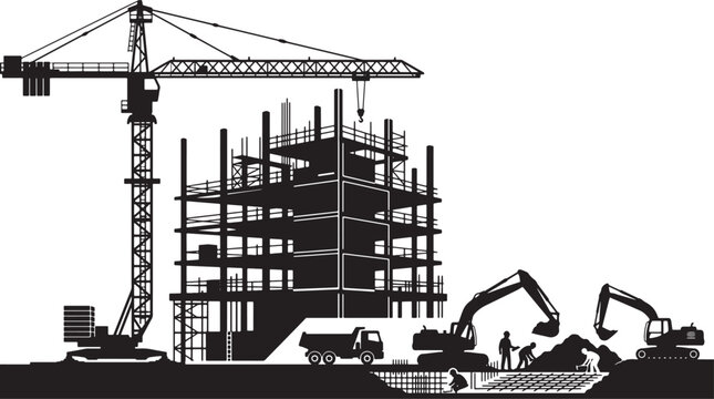 Construction site silhouette with tower crane building framework excavators and workers isolated on white background vector illustration