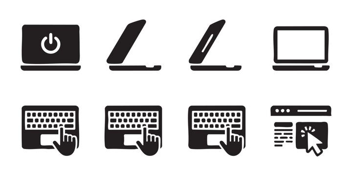 Collection of laptop icons and computer screen interactions, modern technology symbols.