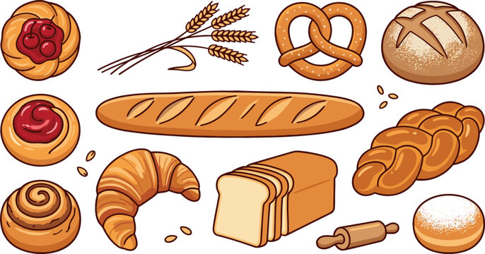 Bakery bread vector vector collection featuring fresh baguette croissant pretzel sliced loaf challah wheat ears and rolling pin isolated on white background