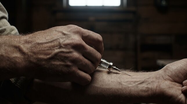Close-up of a hand injecting medication with a vintage medical syringe into the forearm