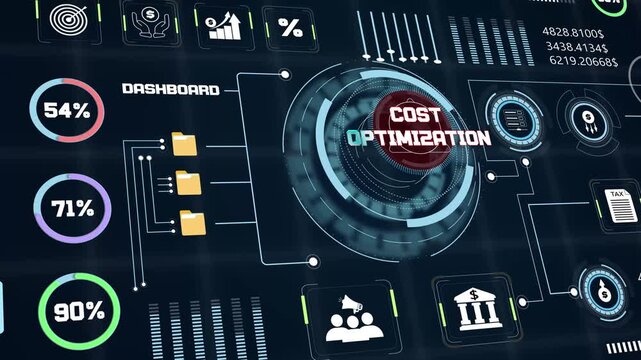 Business efficiency tracking interface analyzing cost optimization statistics along with modern digital economic graphics loop