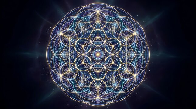 Glowing sacred geometry mandala with golden flower of life pattern