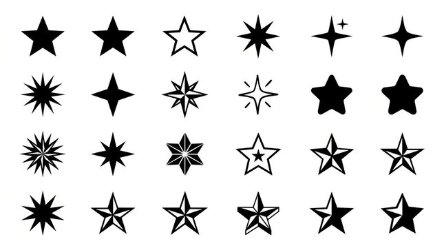 Collection of black and white decorative star and asterisk shapes on plain background.
