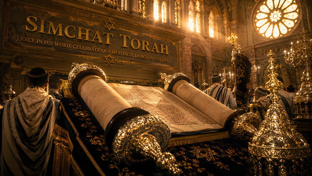 Religious Ceremony Procession with Sacred Scroll in Historic Synagogue Interior