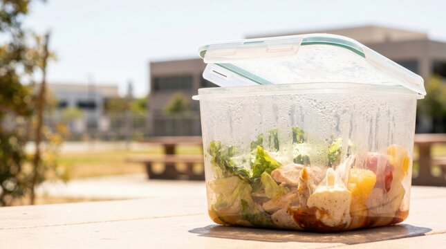 Plastic food container left outdoors under direct sunlight on a hot summer day. Food spoilage, food safety, heat exposure, bacterial growth and meal storage risk concept