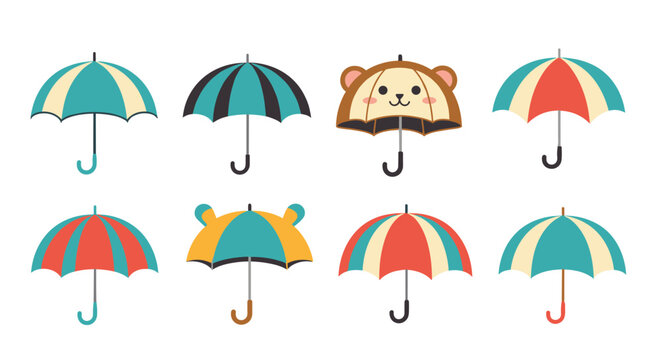 Cute cartoon umbrellas collection includes striped patterns and animal-themed designs with ears on a white background.