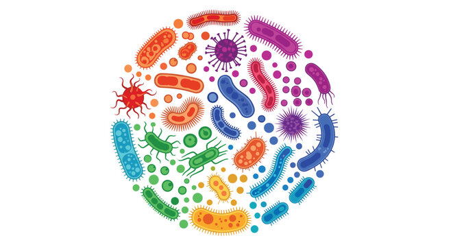 Colorful bacteria, virus cells and microbes collection arranged in a circle isolated on a white background.