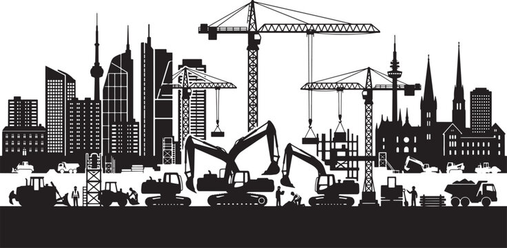Construction site silhouette with city skyline cranes and heavy machinery vector illustration for urban development project concepts
