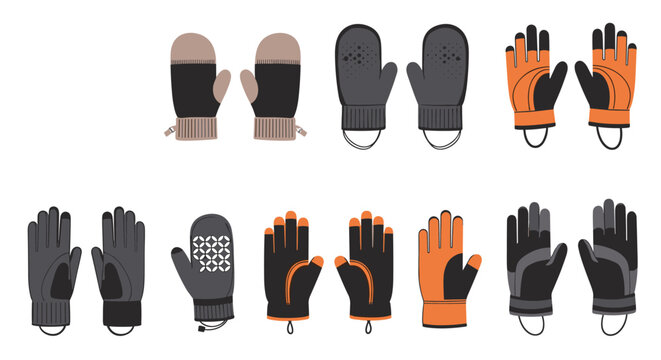 Winter gloves and warm knitted mittens collection of different designs and colors isolated on a white background.