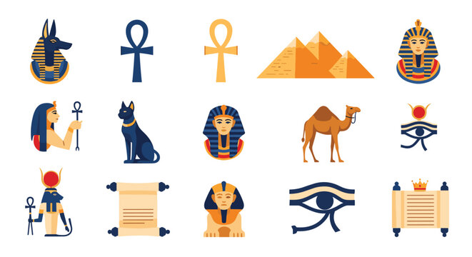 Ancient Egyptian culture and history icons set featuring pharaoh, pyramids, sphinx, camel and sacred symbols.