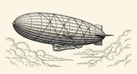 Obraz premium Historical vintage airship zeppelin flying in the skies above fluffy clouds hand drawn engraving style illustration.