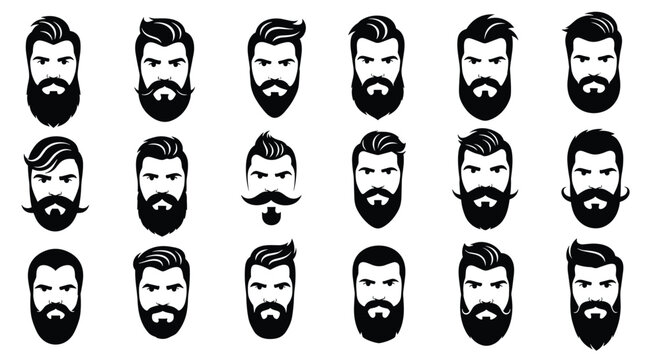 Male faces with various hipster haircuts, beards and mustaches silhouettes detailed set isolated on white background.