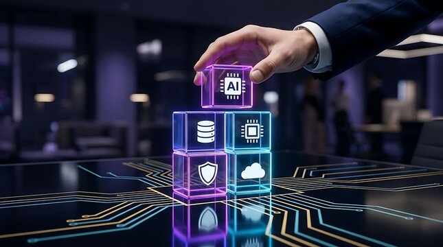 Businessman's hand strategically placing an AI cube onto a glowing digital technology stack, symbolizing advanced innovation and future connectivity.