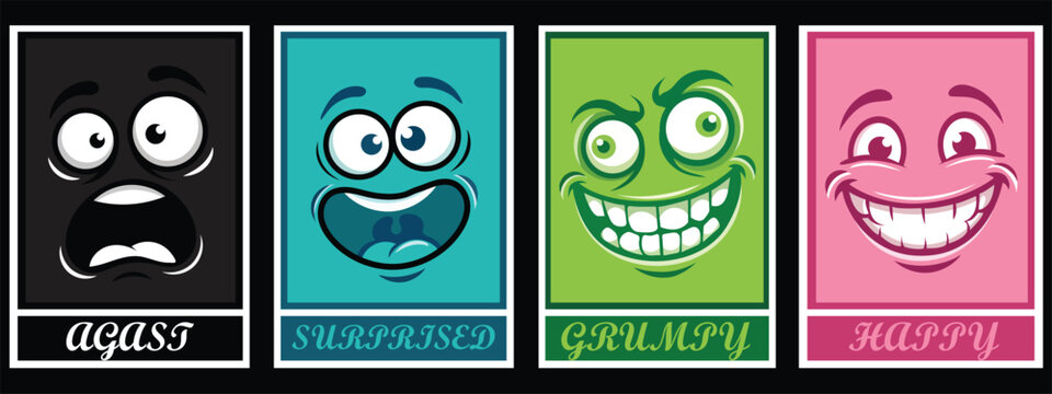 Set of four emotive face posters expressing different human moods and feelings art.