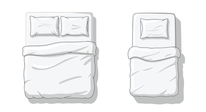 Flat lay architectural representation of double and single beds with white pillows and blankets isolated on white background.