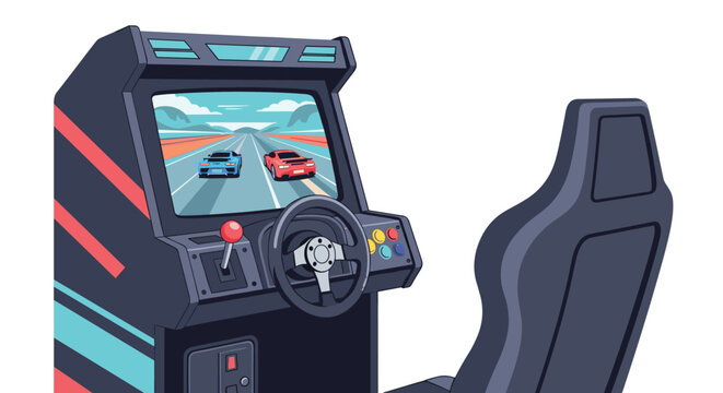 Retro arcade cabinet featuring racing game on screen with steering wheel controller and driver bucket seat.