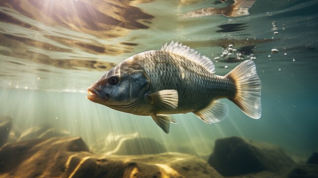 Serene underwater view of a sunlit bass fish.