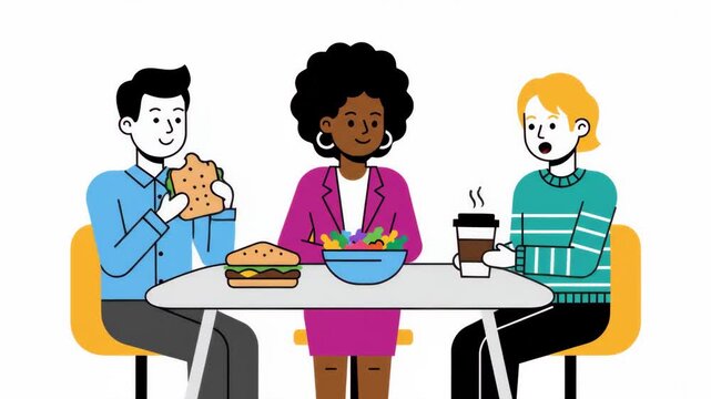 Diverse Group of Coworkers Having Lunch Together in Office Flat Vector Illustration