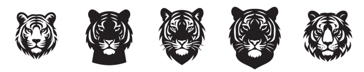 Obraz premium Set of tiger head vectors in silhouette style