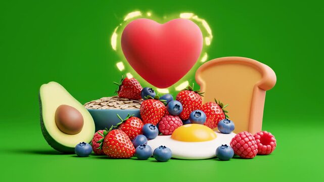 A 3D illustration of a halved avocado surrounded by a vibrant arrangement of fresh berries, a fried egg, and a piece of toast on a green background
