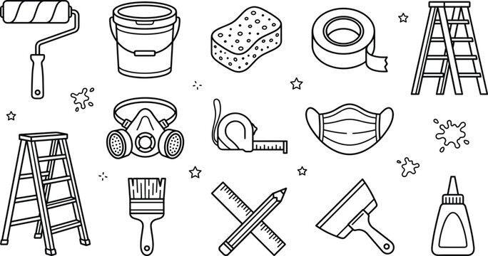 Home renovation and painting tools line icon set with roller bucket ladder respirator sponge and measuring tape